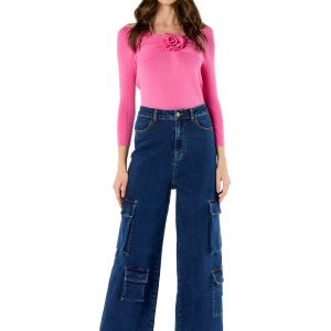 Maglia con rosa 3d e drappeggi