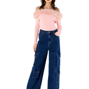 Maglia spalle fuori collo ecopelliccia