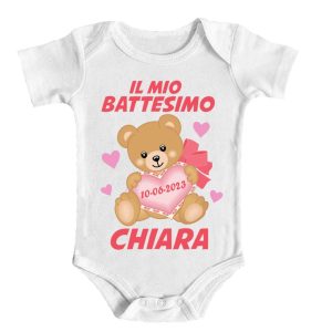 Body Neonata – NOME DATA Personalizzabili – Il mio Battesimo – Orsetto – Cuore – Tenera – Femminuccia – Madrina – Padrino – Bimba – Baby