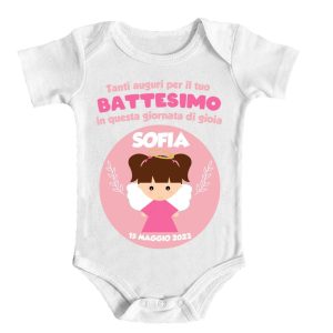 Body Neonata – NOME DATA Personalizzabili – Battesimo – Tanti Auguri – Festa – Piccolo Angelo – Femminuccia – Madrina – Padrino – Bimba – Baby