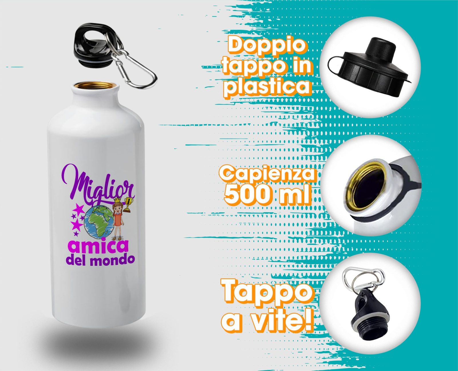 Borraccia Amica – Miglior Amica del Mondo – Regali Amica – Borraccia in Alluminio Amica – Idea Regalo Amica – Borraccia Compleanno Amica – Regalo Compleanno Amica - immagine 4