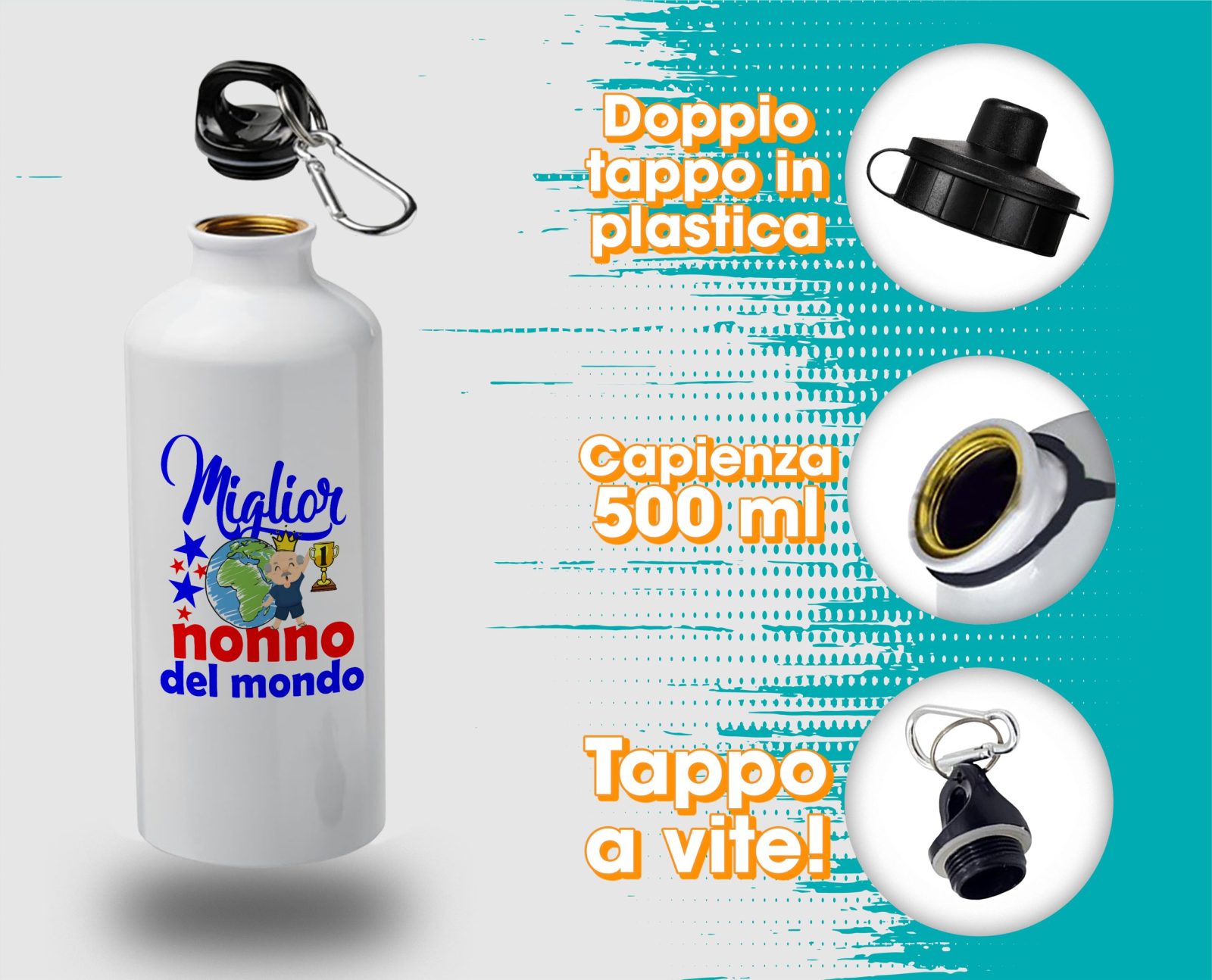Borraccia Nonno – Compleanno Nonno – Miglior Nonno del Mondo – Idee Regalo Nonno – Borraccia in Alluminio Nonno – Idea Regalo Nonno – Regalo Compleanno Nonno - immagine 4