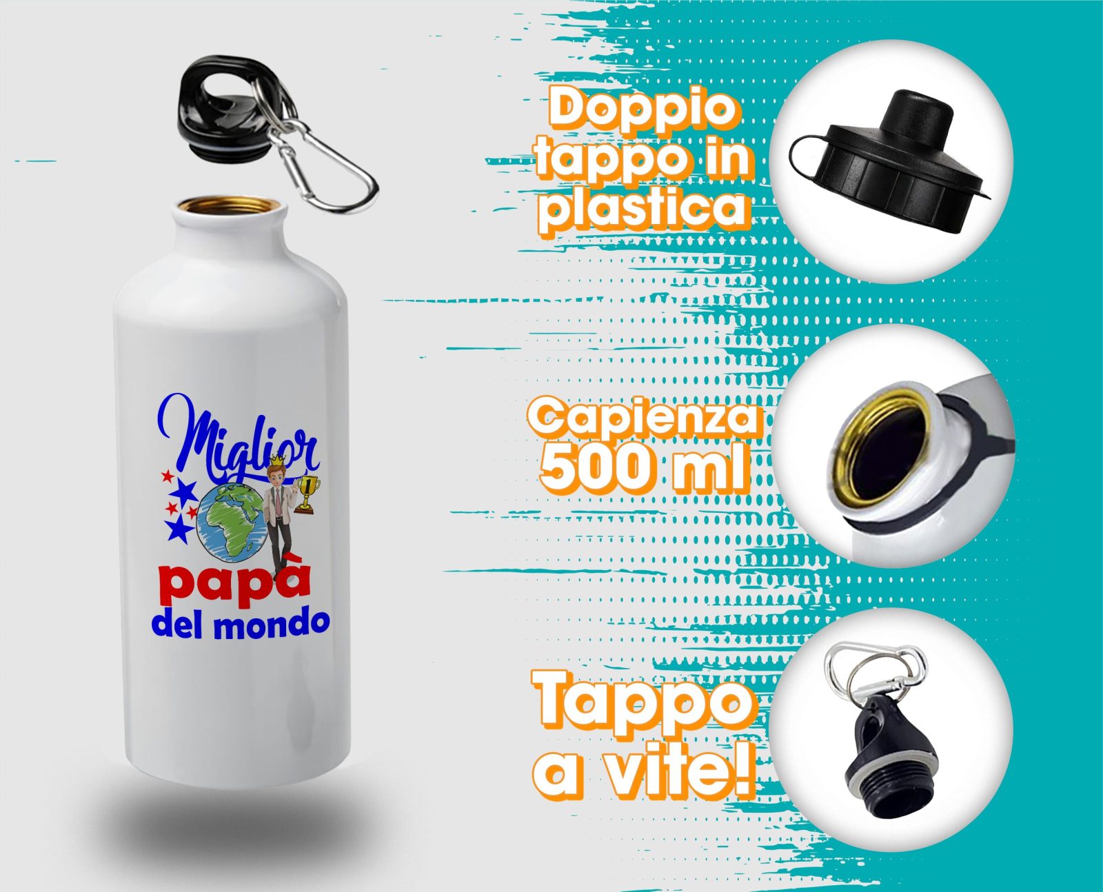 Borraccia Papà – Compleanno Papà – Miglior Papà del Mondo – Idee Regalo Papà – Borraccia in Alluminio Papà – Idea Regalo Papà – Regalo Compleanno Papà - immagine 4
