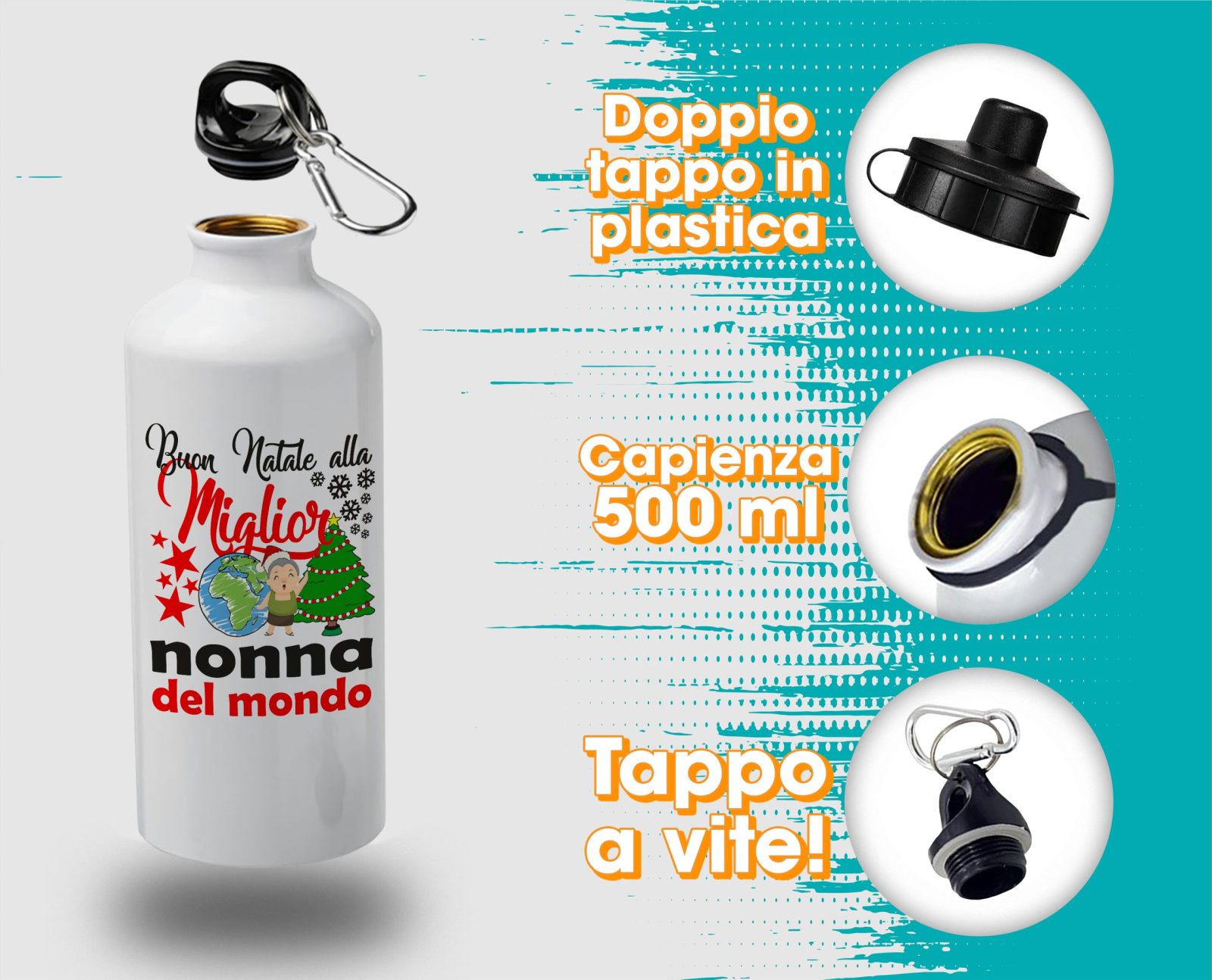 Borraccia Nonna – Regalo Natale Nonna – Buon Natale alla Miglior Nonna del Mondo – Regali Nonna – Borraccia in Alluminio Nonna – Idea Regalo Nonna – Regalo Natale Nonna - immagine 4
