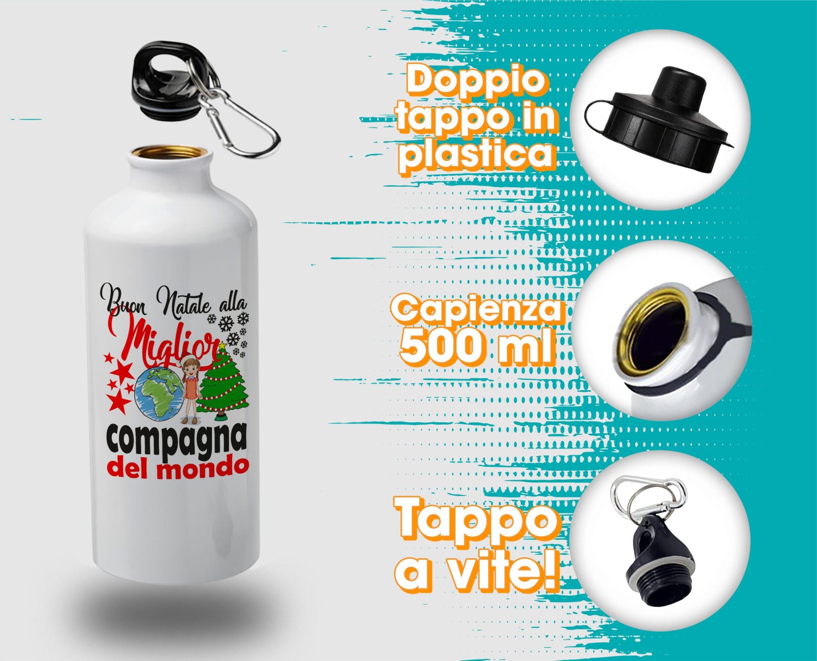 Borraccia Compagna – Buon Natale alla Miglior Compagna del Mondo – Regali Compagna – Borraccia Alluminio Compagna – Idea Regalo Compagna – Borraccia Natale Compagna – Regalo Natale Compagna - immagine 4