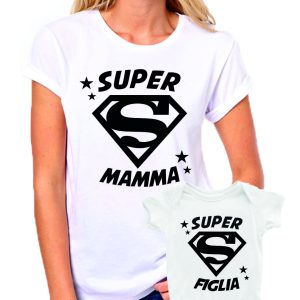 Coppia T-Shirt e Body Madre Figlia Festa della Mamma Super Mamma Super Figlia – t shirt mamma figlia – idea regalo – in cotone