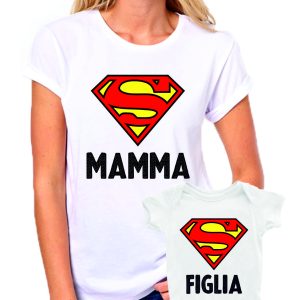 Coppia T-Shirt e Body Madre Figlia Festa della Mamma Super Mamma Super Figlia – t shirt mamma figlia – idea regalo – in cotone