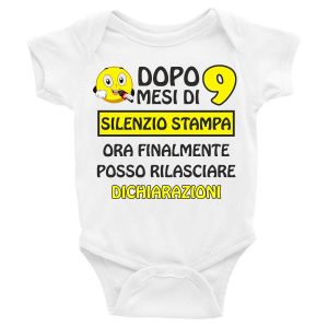 Body Neonato Divertenti – Dopo 9 mesi di silenzio stampa posso rilasciare dichiarazioni – Giallo – Body Neonato – Body Neonato Simpatici – Idea Regalo Neonato