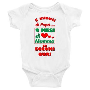 Body Neonato Divertenti – Maschietto 5 minuti di Papà 9 mesi di Mamma ed eccomi qua! – Body Neonato – Body Neonato Simpatici – Idea Regalo Neonato