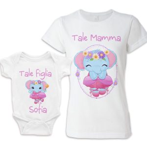 Coppia Mamma Figlia – Body Neonato – Maglietta – [ NOME PERSONALIZZABILE ] – Elefantini – Elefanti – Simpatici – Fiori – Tale Madre – Tale Figlia – Madre Bimba – Neonata – Nome su body