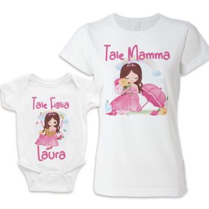Coppia Maglietta Body Neonata [ NOME PERSONALIZZATO ] – Principessa – Rosa – Fiori – Orsetto – Baby – Bebè – Tale Mamma Tale Figlia – Femminuccia – Coordinate – Cartoon