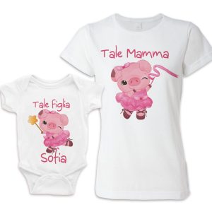 Coppia Maglietta Body Neonata  [ NOME PERSONALIZZATO ] – Tale Mamma – Tale Figlia – Maialini – Rosa – Pig – Porcellini – Disegni Simpatici – Coordinate – Cartoon – Bimba Femminuccia – Idea Regalo
