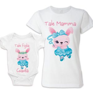 Coppia Mamma Figlia – Body Neonata -T-shirt – [ NOME PERSONALIZZABILE ] – Conigliette – Coniglietti – Ballo – Tale Mamma – Figlia – Festa Mamma – Mamme Figlie – Animali Simpatici – Coordinato