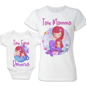 Coppia Mamma Figlia – Body Neonato – Tshirt – [ NOME PERSONALIZZABILE ] – Sirene – Sirena – Pesciolino – Mare – Piscina – Maglietta – Tale Madre – Tale Figlia – Madre – Bimba – Neonata