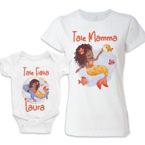 Coppia T-shirt Body Neonata Personalizzabile – [ NOME ] – Tale Mamma Tale Figlia – Sierene – Personaggi Cartoni – Mare – Pesciolino – Pesciolini – Baby – Cartoon – primo anno – Femminuccia