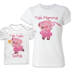 Coppia Magliette Bambina Mamma – NOME PERSONALIZZATO – Tale Madre – Tale Figlia – Maialini – Rosa – Pig – Porcellini – Disegni Simpatici – Coordinate – Cartoon – Bimba – Femmina – Idea Regalo