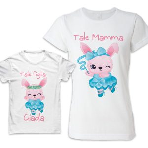 Coppia Magliette Mamma Figlia – Coordinate -T-shirt – NOME PERSONALIZZABILE – Conigliette – Coniglietti – Ballo – Tale Mamma – Figlia – Festa Mamma – Mamme Figlie – Animali Simpatici – Coordinato