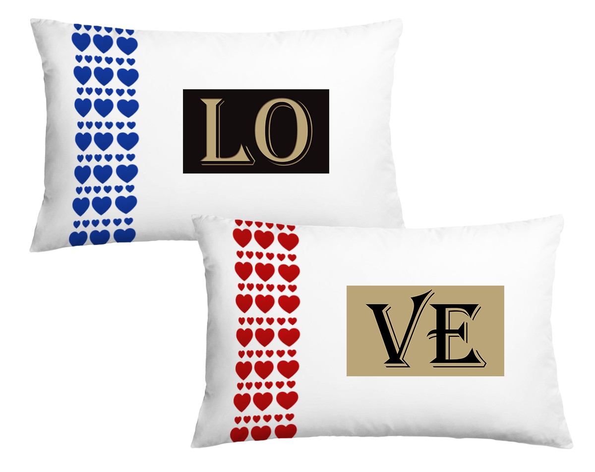 Coppia di Federe Cuscino Letto Sanvalentino – LO – VE – Amore – Innamorati – Dimensioni: 69×39 cm – Idea Regalo