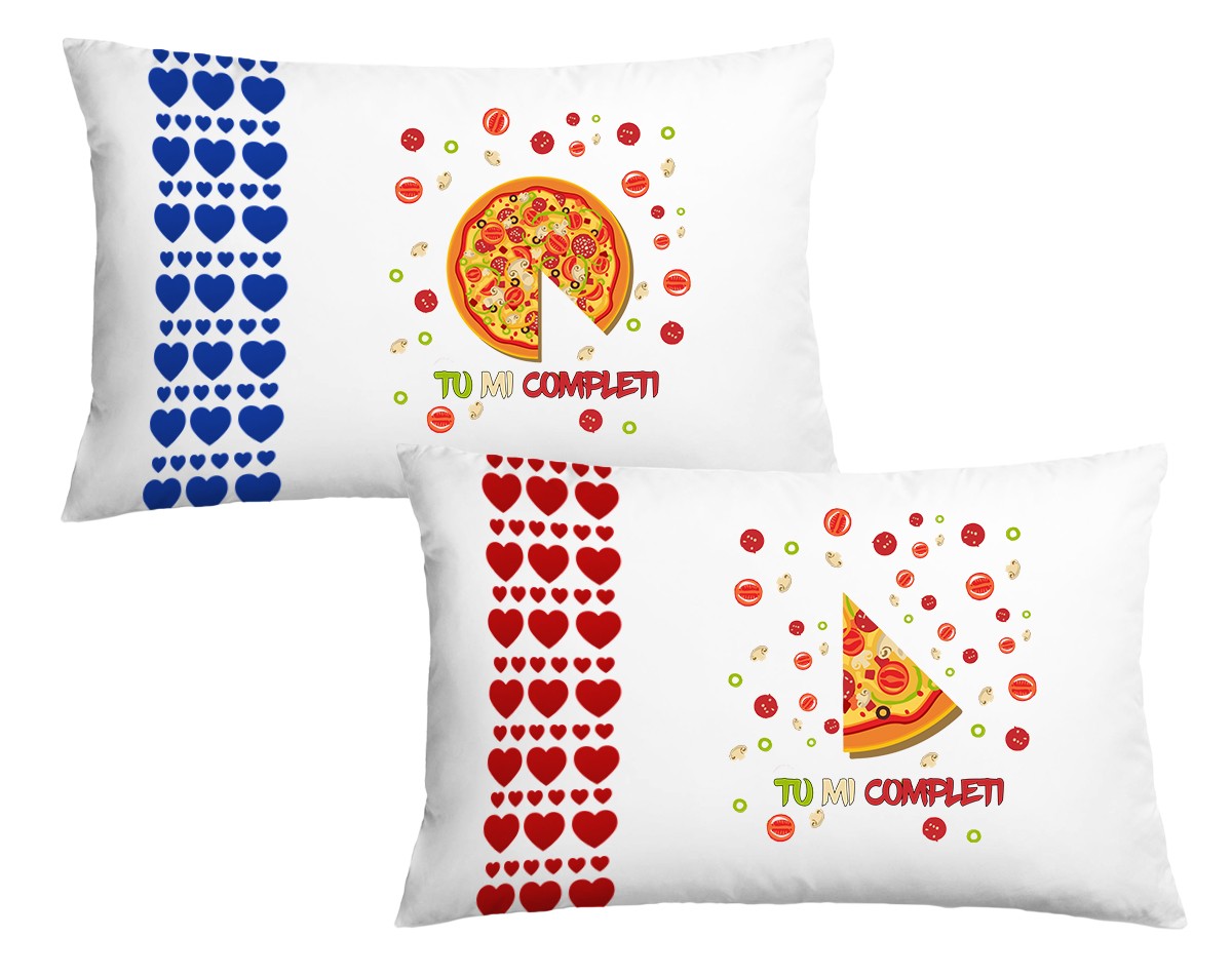 Coppia di Federe Cuscino Letto Sanvalentino – Fetta di Pizza – Tu Mi Completi – Pizza – Dimensioni: 69×39 cm – Idea Regalo - immagine 2