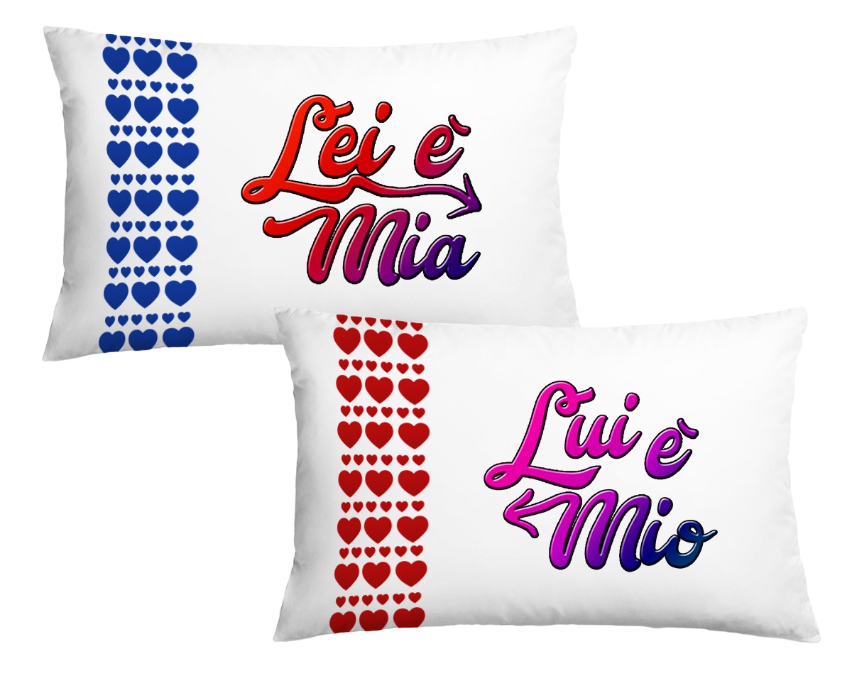 Coppia di Federe Cuscino Letto Sanvalentino – Lui è mio – Lei è mia – Innamorati – Dimensioni: 69×39 cm – Idea Regalo
