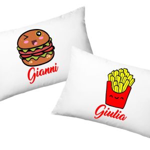 Coppia Federe  Personalizzate – Amore – Hamburger e patatine – [PERSONALIZZA NOMI] – Festa Innamorati – Cuscino San Valentino- Idea Regalo Fidanzata – Regalo per Coppia