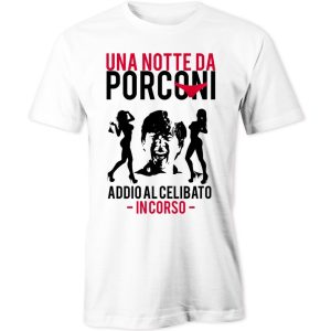 Tshirt Addio al Celibato – Una Notte da Porconi – Leoni – Parodia – Maglietta Sposo – T-shirt Festa Celibato – Regalo Simpatico