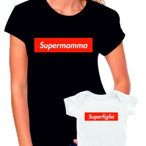 Coppia T-Shirt e Body Madre Figlia Festa della Mamma Supermamma Superfiglia – t shirt mamma figlia – idea regalo – in cotone