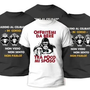 Pacchetto Magliette Celibato – Offritemi da bere tra poco mi Sposo – 3 Scimmiette – Gorilla – T-shirt Divertenti – Matrimonio – Festa Celibato Idea Regalo