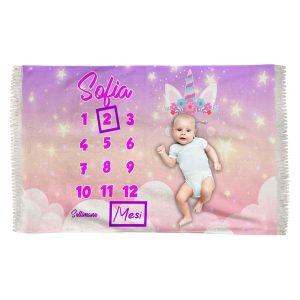Coperta Mesi Neonato – Personalizzabile [NOME] – Unicorni – Rosa –