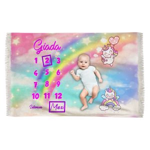 Coperta Neonato – Mesi Settimane – Nome Personalizzato – Arcobaleno – Colori – Unicorno – Rosa – Complimese