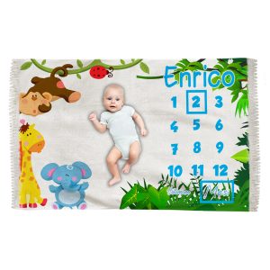 Coperta Mesi Neonato – Personalizzabile [NOME] – Giungla – Animaletti – Giraffa – Scimmietta