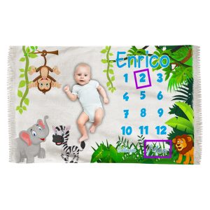 Coperta Neonato – Mesi Settimane – Nome Personalizzato – Libro Giungla – Animali Simpatici – Selvaggio – Complimese