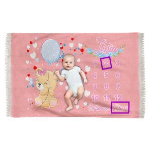 Copertina Neonato – Mesi Settimane – Nome Personalizzato – Orsetto – Palloncino – Figlia Piccola – Compi Mese