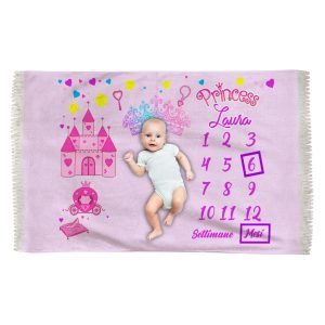 Coperta Mesi Neonata – Personalizzabile [NOME] – Rosa – Castello – Principessa – Corona – Complimese