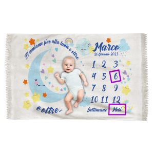 Coperta Mesi Neonato – Personalizzabile [NOME DATA NASCITA] – Ti amiamo – Fino alla Luna e oltre – Complimese