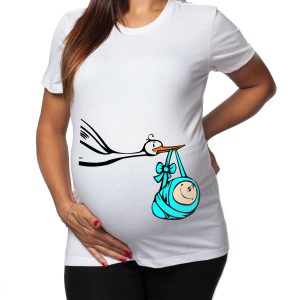 Tshirt Lunga da Donna Ideale per il Premaman – Maschietto Cicogna – Maglietta Premaman Divertente – Regalo Futura Mamma – Idea Regalo per Futura Mamma