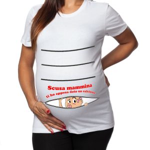 Tshirt Premaman Donna – Bimbo Zip – Scusa mammina – Ti Ho appena dato un calcione – Premaman – Tshirt Gravidanza Divertenti – Idee Regalo Futura Mamma