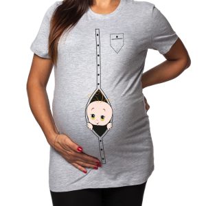 Tshirt Lunga da Donna Ideale per il Premaman – Bimbo che esce dalla camicia – Maglietta Premaman Divertente – Regalo Futura Mamma – Idea Regalo per Futura Mamma