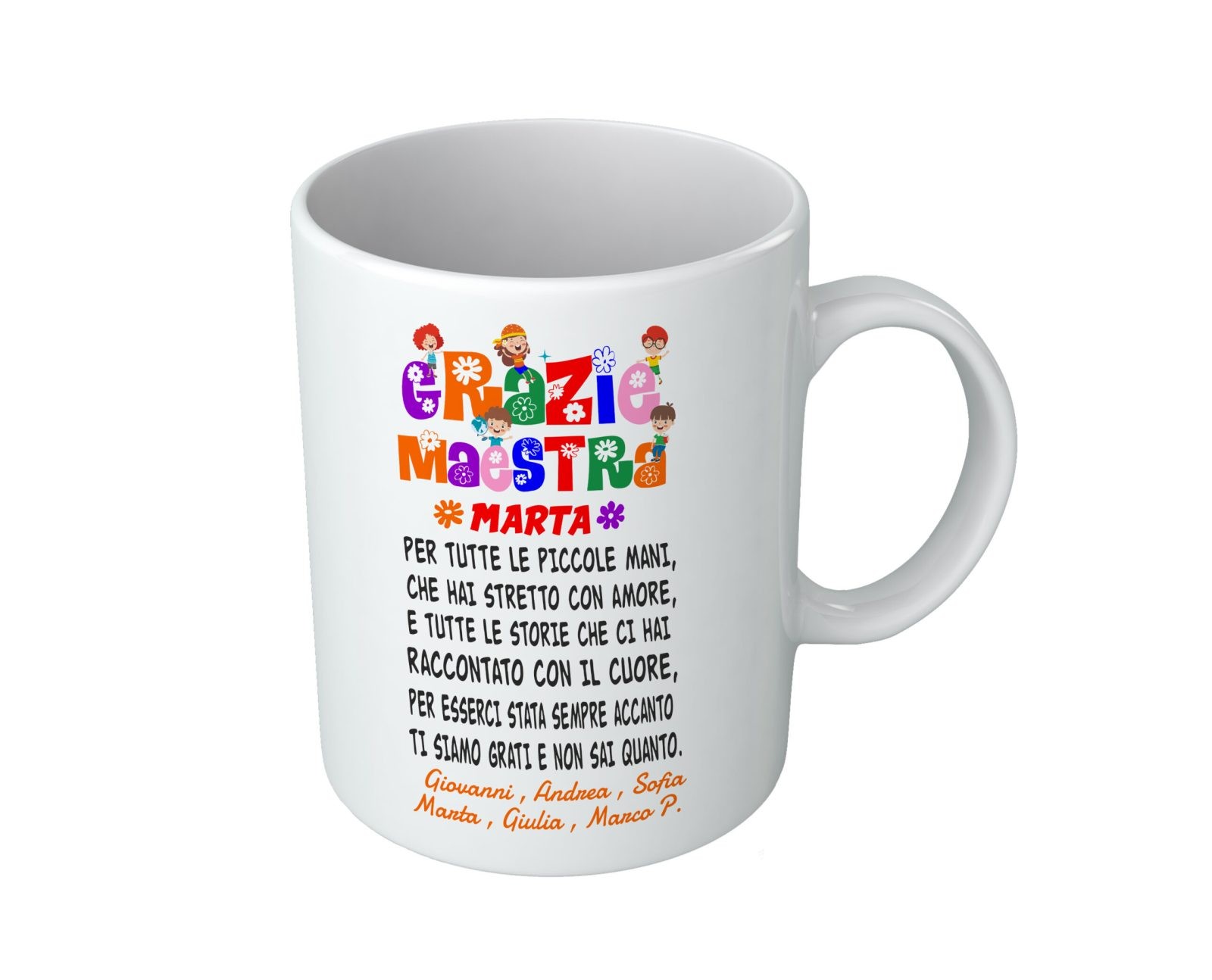 Tazza Personalizzato Nome Maestra Nomi Bambini Grazie Maestra – Dedica – Piccole mani strette con amore – Asilo – Materna – Alunni – Tazza – Scuola – Fine Anno Scolastico