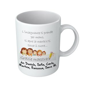 Tazza Personalizzato Nomi Bambini Linsegnante ti prende per mano Grazie – Maestra Scuola Bambina Bambino – Frasi e disegni – Tazza Fine – Idea Regalo