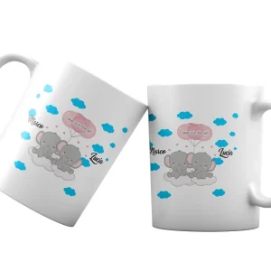 Coppia Tazze San Valentino Personalizzabili – Elefanti con Palloncini – Amore – Tazze per Coppie – [PERSONALIZZA NOMI] – Idee Regalo Fidanzati