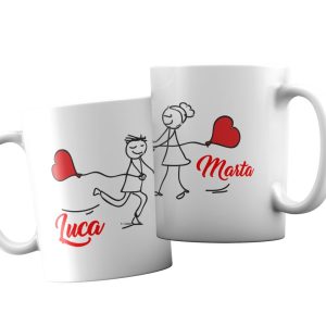 Coppia Tazze  Personalizzate – Amore – Palloncino – Cuore- Lui e Lei- [PERSONALIZZA NOMI] – Festa Innamorati – Maglietta – SanValentino – Idea Regalo Fidanzata – Regalo per Coppia