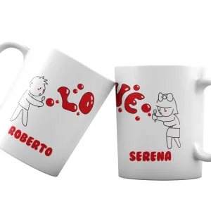 Coppia Tazze San Valentino Personalizzabili – Festa degli Innamorati – Bolle Sapone – Love – Amore – Tazze per Coppie – [PERSONALIZZA NOMI] – Idee Regalo Fidanzati