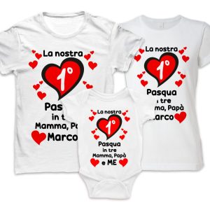 Tris Magliette e Body Neonato – Pasqua – Nome Personalizzabile – La nostra Prima Pasqua in 3 – Baby – Cuori – Love – Mamma Papà Bimbo