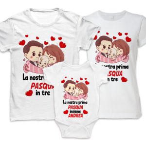Tris Tshirt e Body Neonato Pasqua – Nome Personalizzato – Pasqua In 3 – Insieme – Love – Cuore – Piccino – Papà Mamma Bimbo – Bimba – Idea Regalo