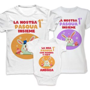 Tris Famiglia – Nome Personalizzabile – T-shirt Body Neonato – La nostra prima Pasqua – Insieme – Mamma – Papà – Bimbo – Bimba – Coniglietto – Bebè