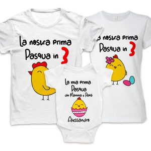 Tris Tshirt e Body Neonato Pasqua – Nome Personalizzato – Prima Pasqua In 3 – Pulcino – Tenero – Papà Mamma Bimbo – Famiglia – Idea Regalo