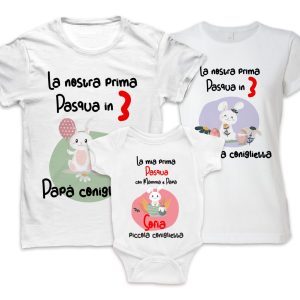 Tris Magliette e Body Neonata – Pasqua – Nome Personalizzabile – La nostra Prima Pasqua in 3 – Coniglietta – Cartoon – Femminuccia – Bimba