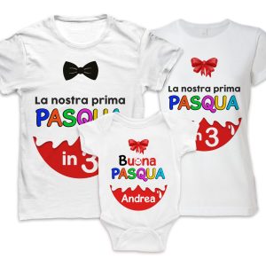 Tris Magliette e Body Neonato – Buona Pasqua – Nome Personalizzabile – Prima Pasqua – Ovetto – Cioccolata – Mamma Papà Bimbo
