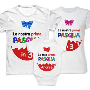 Tris Tshirt e Body Neonato – La mia Prima Pasqua – Nome Personalizzato – Famiglia Insieme – Uova – Cioccolata – Papà Mamma – Bimbo – Bimba – Sorpresa